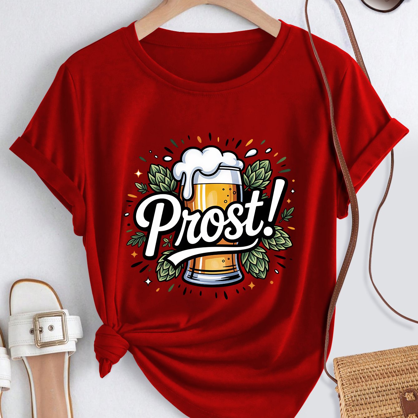 TEMU Oktoberfest Women'-piece Top | Hop Wreath Surrounding A Foaming Beer Mug Prost! Cartoon Color-block German Cheers Oktoberfest Print Women's