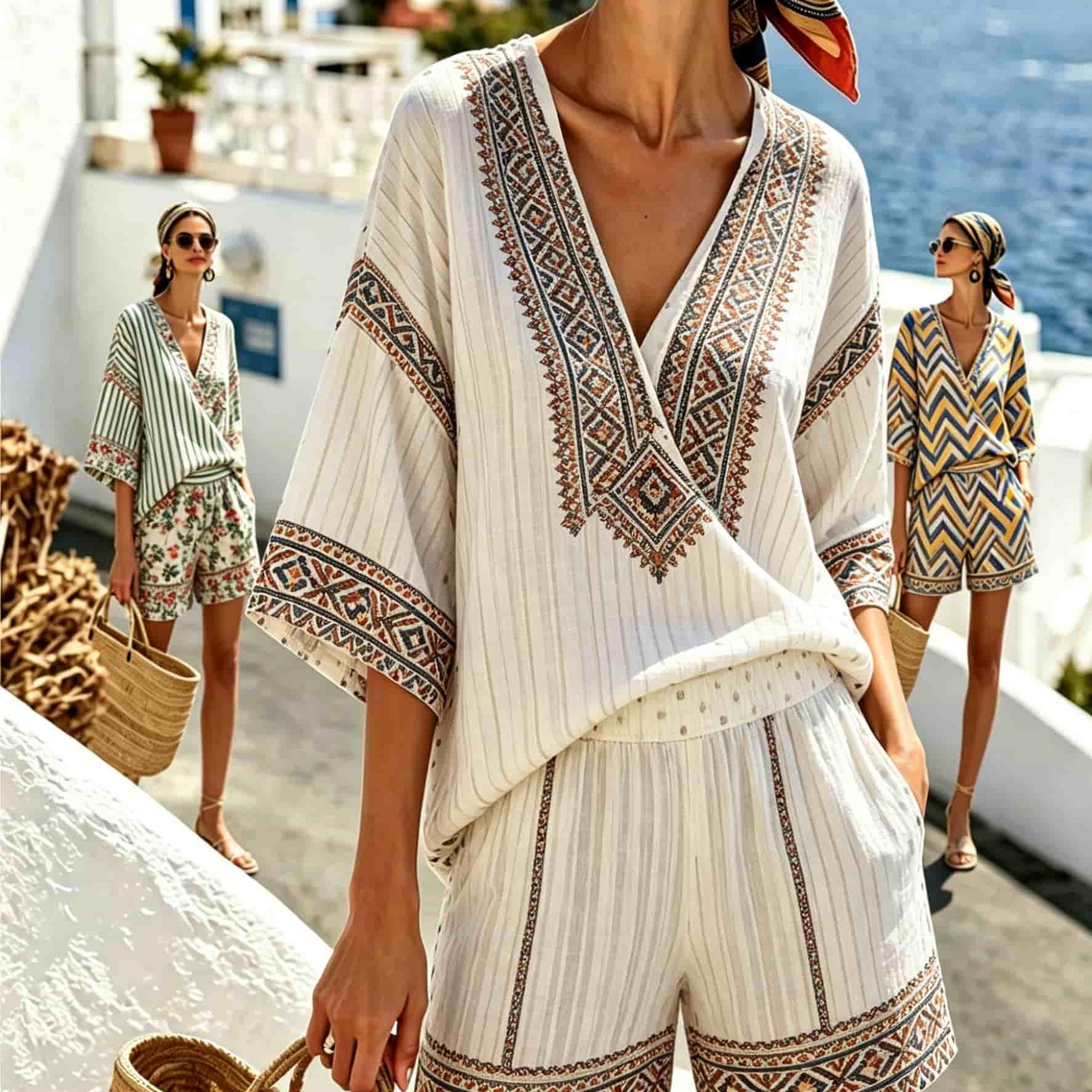 TEMU Plus Size, Boho Style 2pcs Set White With Geometric Print And Tribal Pattern For Beach Vacation And Summer