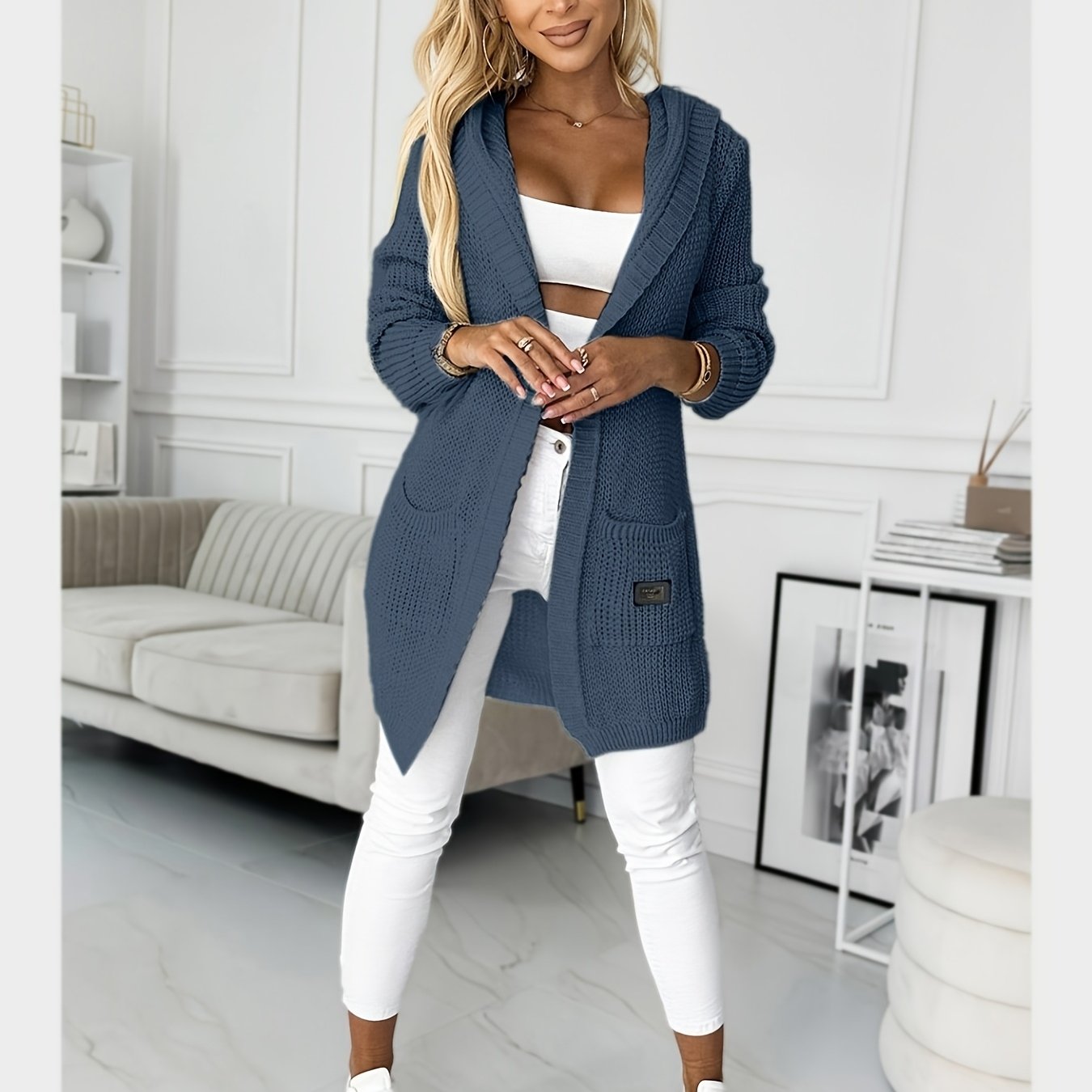 Image of New Women's Autumn/winter Solid Color Long Sleeve Mid-length Hooded Pocket Simple Casual Fashion Versatile Daily Wear Sweater Cardigan Jacket