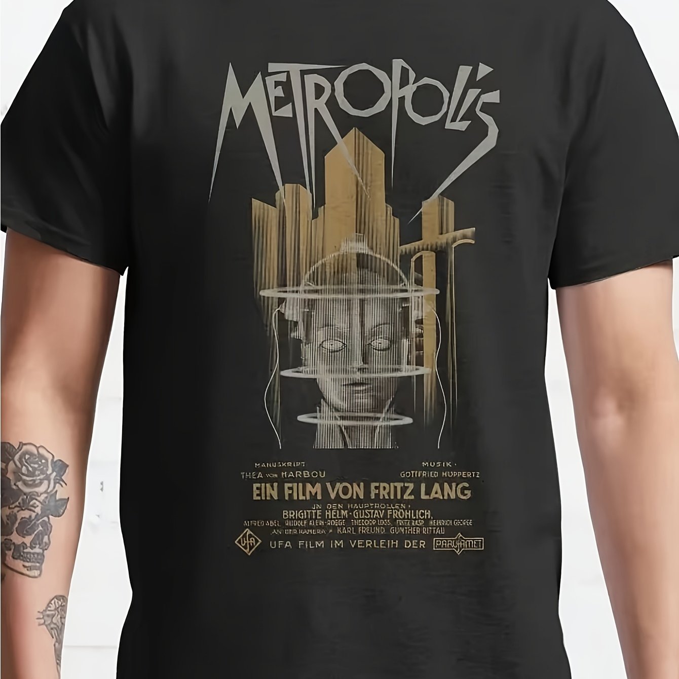TEMU Camiseta vintage para hombre Fritz Lang 1925 - Camiseta retro de película de ciencia ficción de póster , texto en alemán de , ropa casual para