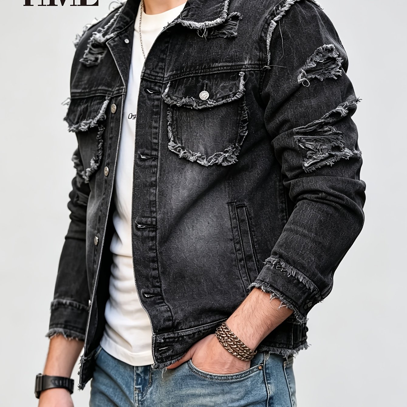 Image of Hme Men's Black Washed Vintage Edge Workwear Denim Jacket, Retro Ripped Lapel Button Long Sleeve Denim Coat, Breathable Fade-resistant Loose Street Hip Hop Outerwear For Daily Dating Bar Casual Wear
