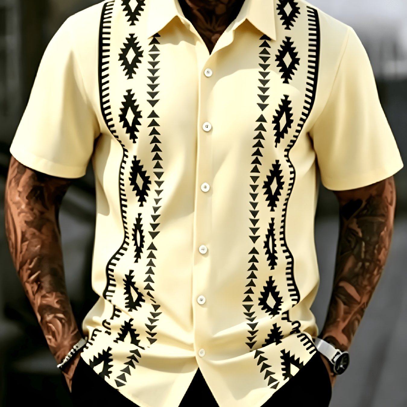 TEMU Geometric Pattern Printed Summer Trendy Short-sleeve Shirt, Featuring A Fashionable And Geometric Art Theme Design. This Casual Button-up Shirt