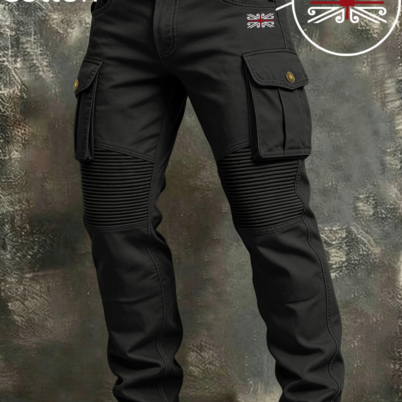 Image of 100% Cotton Men Casual Work Cargo Pants, Black Multi Pocket Hiking Trousers, Knee Textured Design Pants