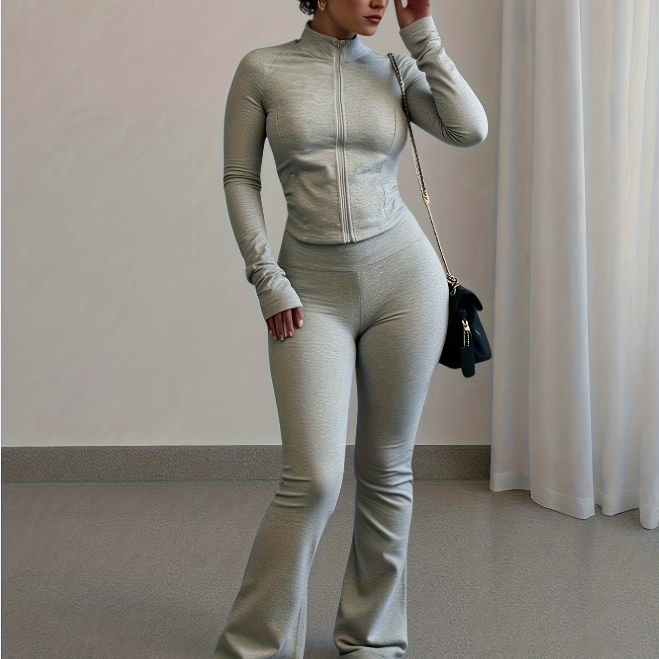 TEMU 2pcs/set Solid Color Fitted Long Sleeve Top And Flare Pants Fall Cloth For Women