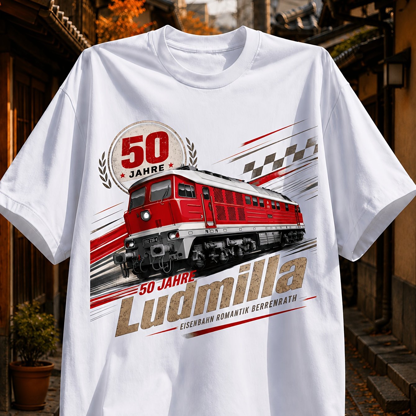 Image of 50 Years Of Red Dynamic Railway Anniversary Graphic With Checkered Flag Details And Retro German Text Unisex All T-shirt
