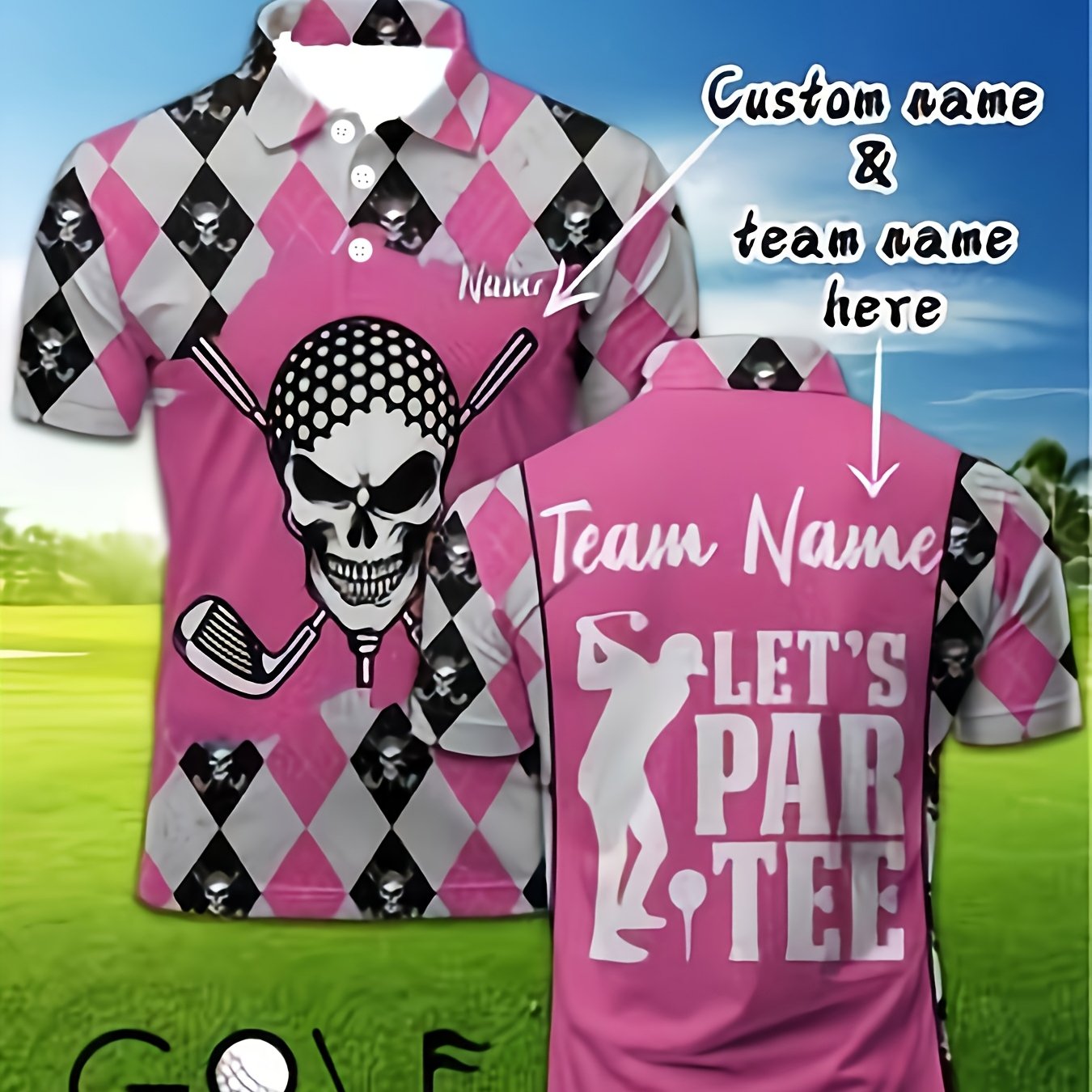 TEMU Custom Golf Shirts - Personalized Name And Team Prints, Breathable Short Sleeves, With Black And White Skull And Bone , Suitable For Golf