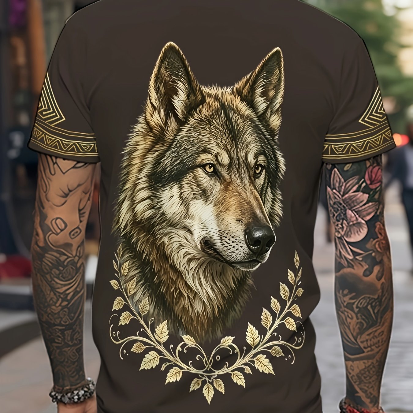TEMU [printed Design - Not Textured] Vintage Golden Wolf Head Print Plus Size Men's Short Sleeve T-shirt, Extra Large Loose Fit, Round Neck Casual
