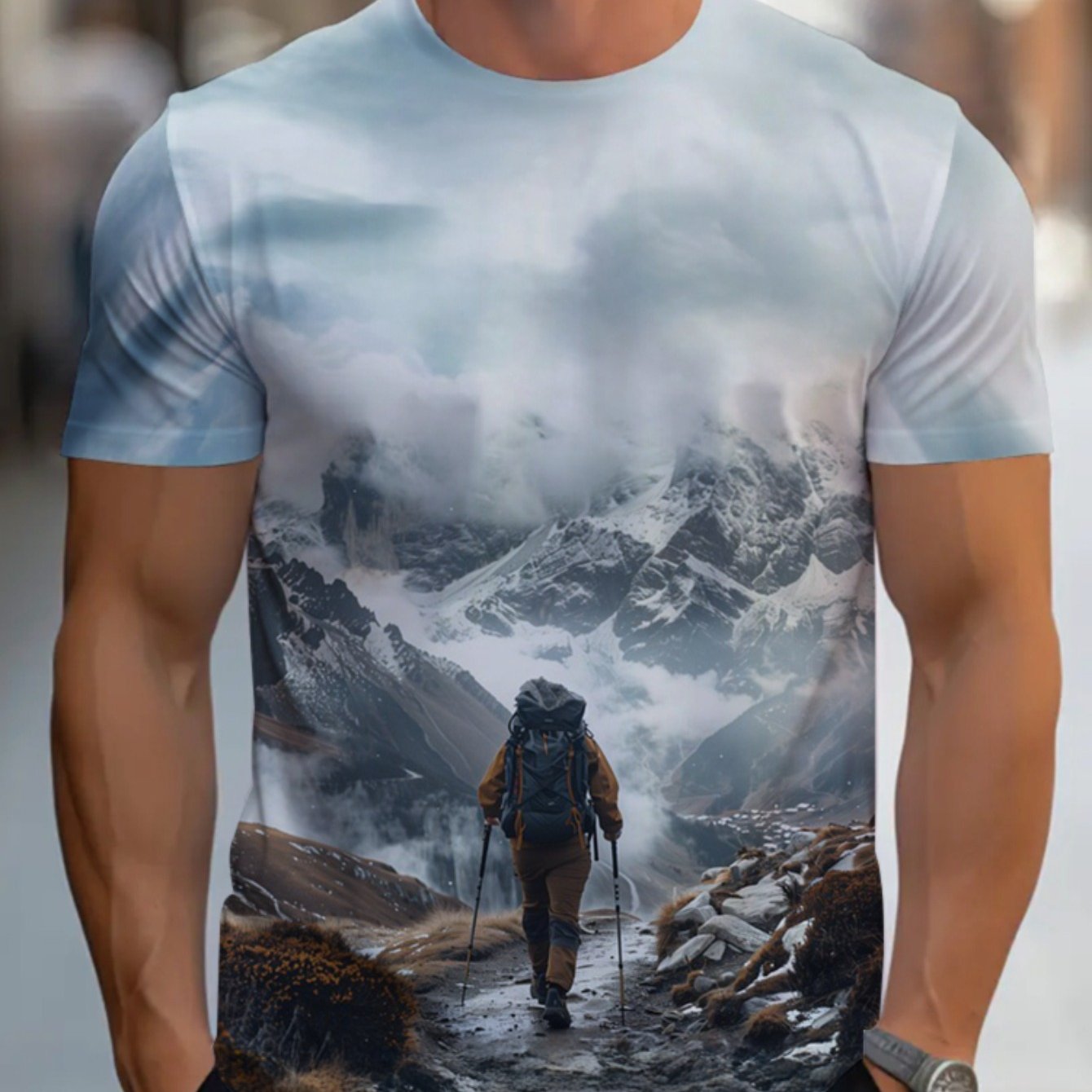 TEMU Camiseta y transpirable para hombre para exteriores con estampado de senderismo de montaña - de manga corta azul para acampar, viajar y hacer