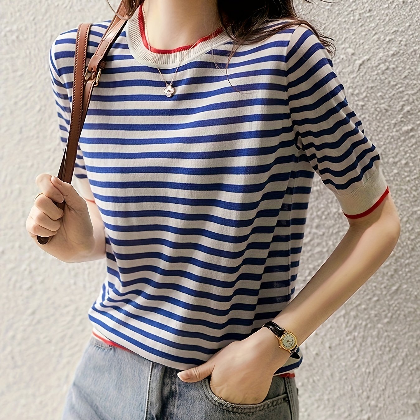 2024 Summer Block Striped Short Sleeve T-shirt For Women, Casual Versatile Round Neck Short Sleeve Top