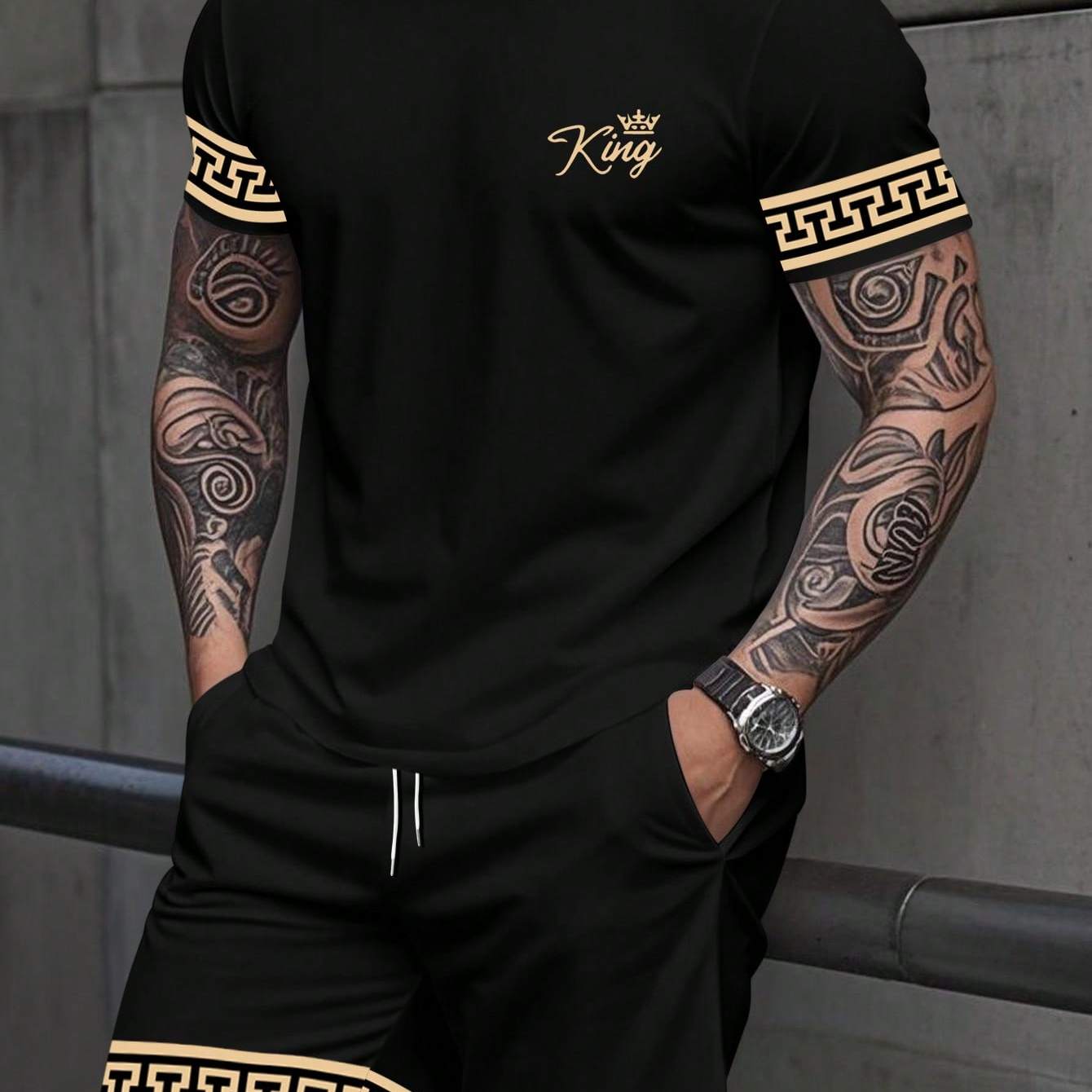 TEMU Men's Letter Print Round Neck Short Sleeve Casual T-shirt And Drawstring Waist Shorts Set