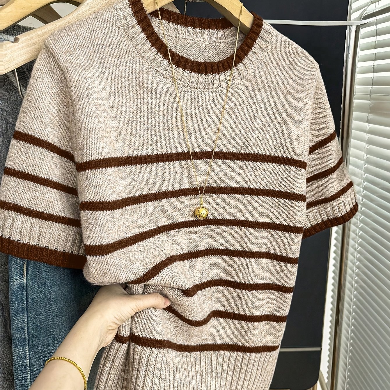 TEMU Pull vintage à manches courtes et col ras du cou pour femme, coupe ample, à rayures et blocs de couleur, pour extérieur/intérieur • Haut d'été