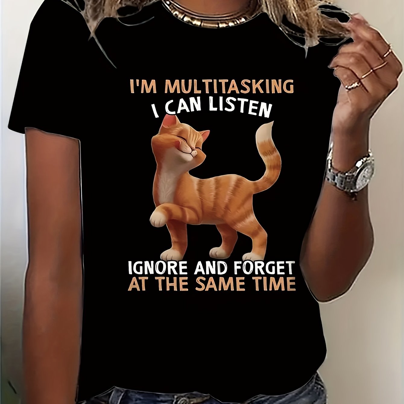 TEMU Spring/summer Women's Casual Round Neck Short Sleeve T-shirt With Cute Cat And Letter Print