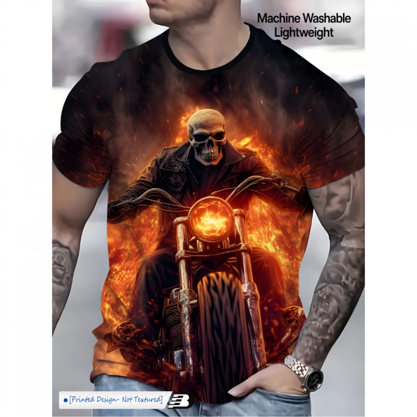 TEMU Men's Casual T-shirt - Motorcycle And Flame Design, Comfortable Breathable Summer Street Style, Machine Washable, Fashionable , Vibrant Pattern
