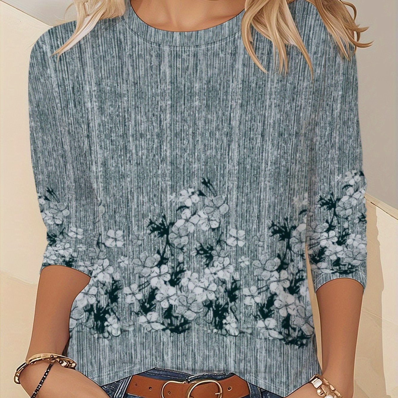 TEMU Graphic Printed T-shirt, Long-sleeve Round-neck Casual Top, Suitable For Spring And Autumn, Women's Clothing - 085 Positioning