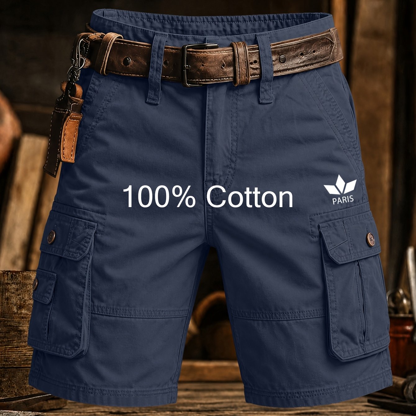 Image of New 100% Cotton Summer Washed Vintage Men's Cargo Shorts With Paris Geometric Logo Print, Multi Button 3d Side Pockets 5 Inch Mid Shorts For Outdoor Trips