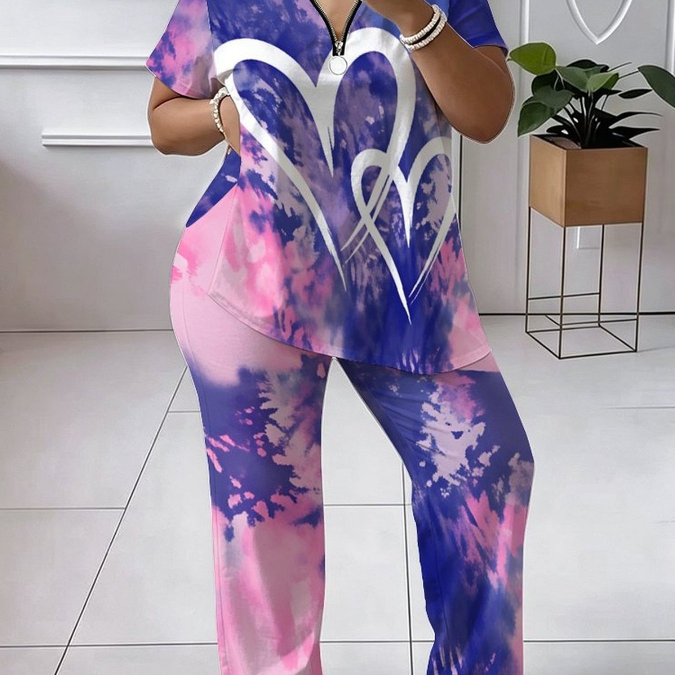 Plus Size - Women's Set, Plus Size Women's Set, Tie-dye Print, Casual Party, Comfortable Material, Trendy Short-sleeve Top, Comfortable And Breathable Pants Set