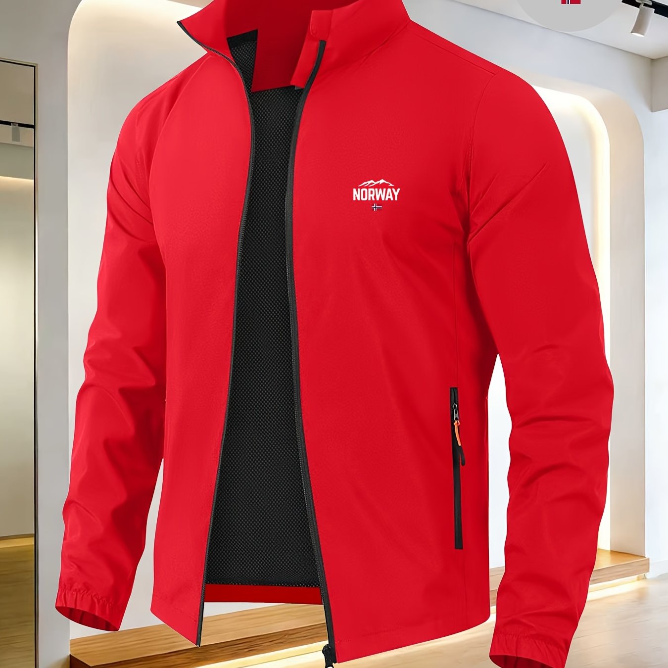 TEMU Norway Mountain Flag Minimalist Pattern Full-zip Stand Collar Windproof Jacket For Men, Spring/autumn Lightweight Casual Outerwear