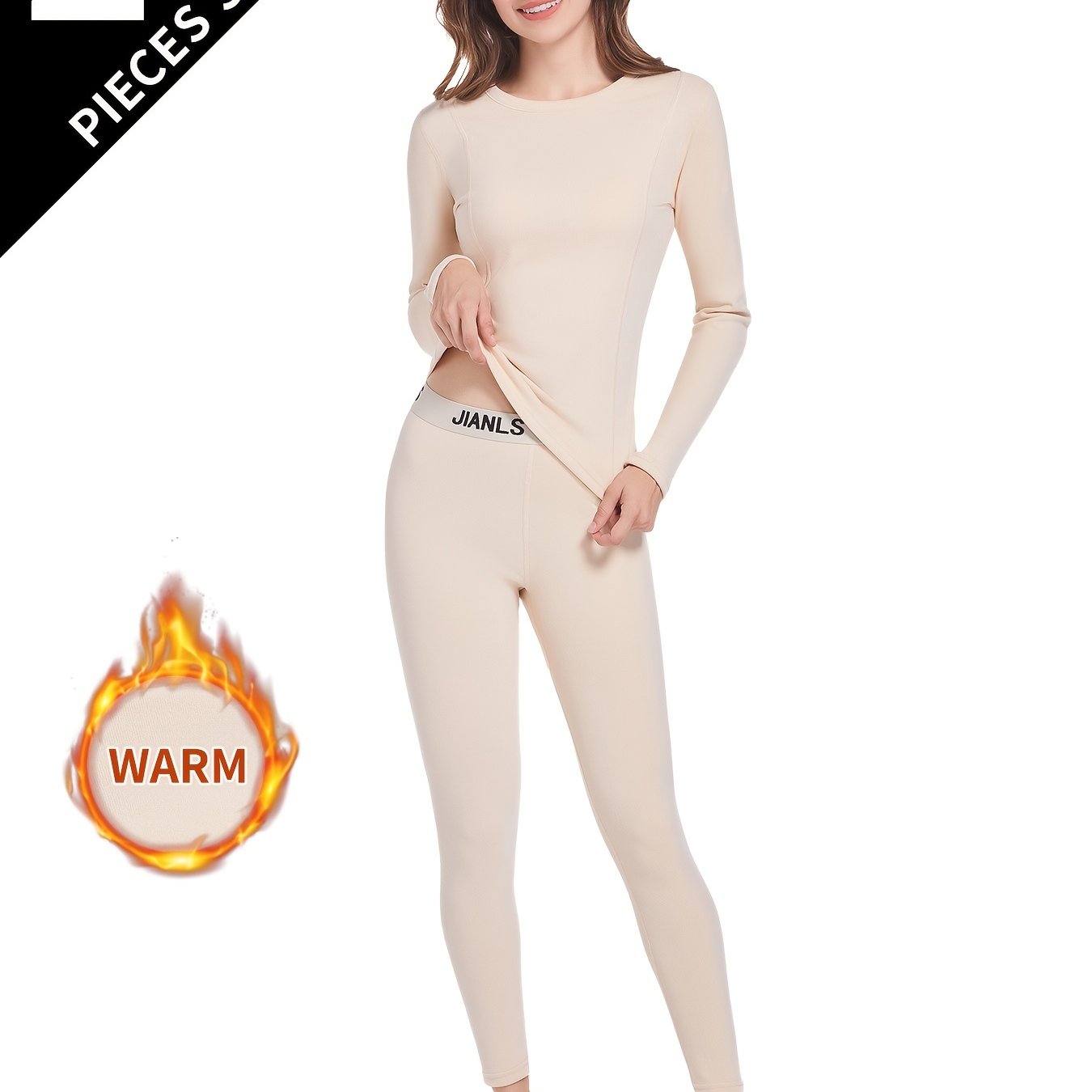 Image of 2pcs Women's Warm Innerwear Set, Round Neck Top And Pants, Winter Autumn Leggings Tight Base Layer