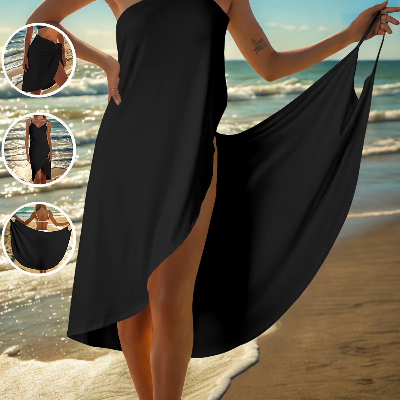 Summer Beach Solid Black Color Asymmetrical Hem Kimono