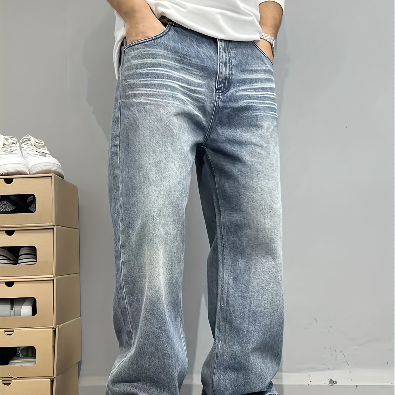 Image of Boys' Blue Denim Jeans, Boys' Loose Straight Trousers, Versatile Fashionable Long Pants, Teenager Washed Casual Trousers, For Teenager, For Teenager