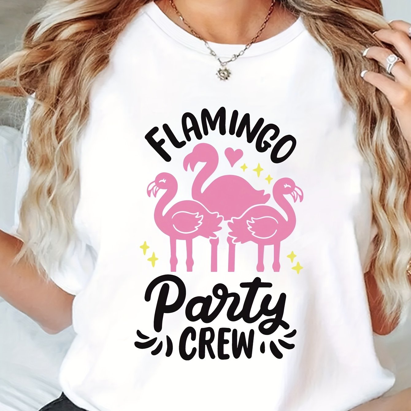 TEMU Women's & Flamingo Print T-shirt - Short Sleeve Round Neck Casual Blouse, Semi-sheer - , Machine Washable For Spring Summer & Wear - Elegant For