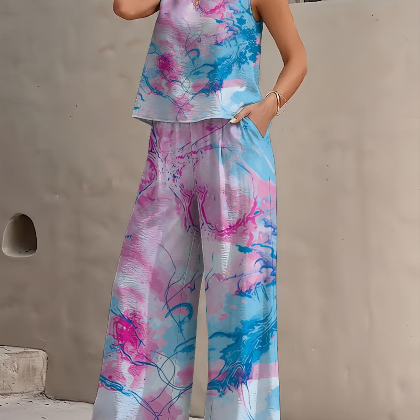 Image of Abstract Sleeveless Wide-leg Set, Pink And Blue Watercolor Print With Soft Gradients, Round Neck Top And Pocketed Pants For Casual Vacation And Commuter Style