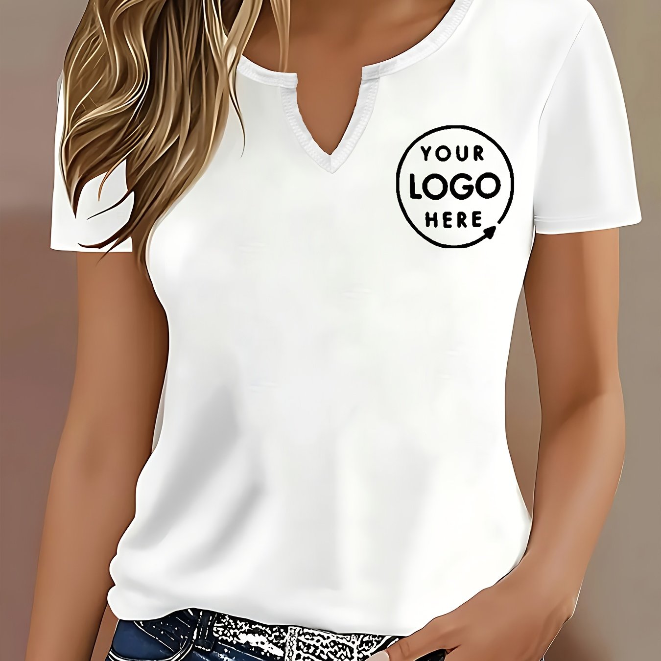 TEMU Custom V-neck T-shirt With Custom Image, Women's Printed Top, Fashionable Casual Custom Printed Top
