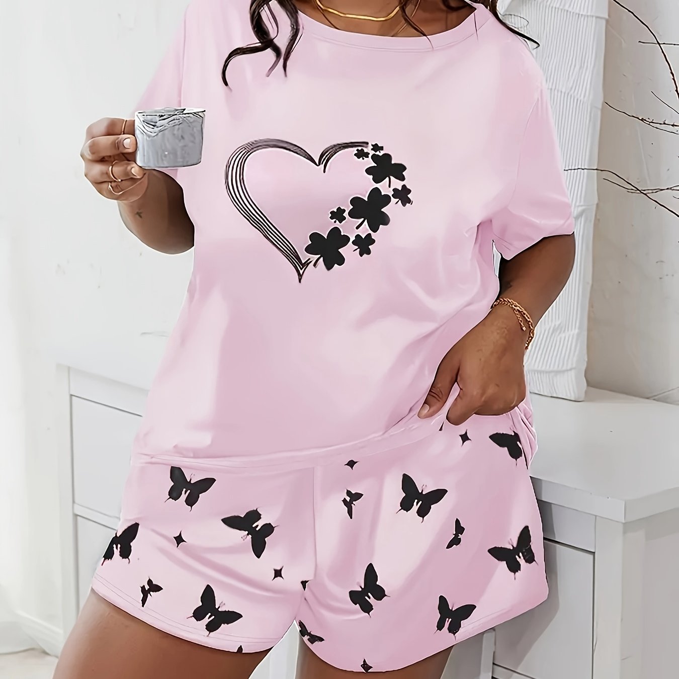 Women's Plus Size Cartoon Sweet Heart Pajama Set