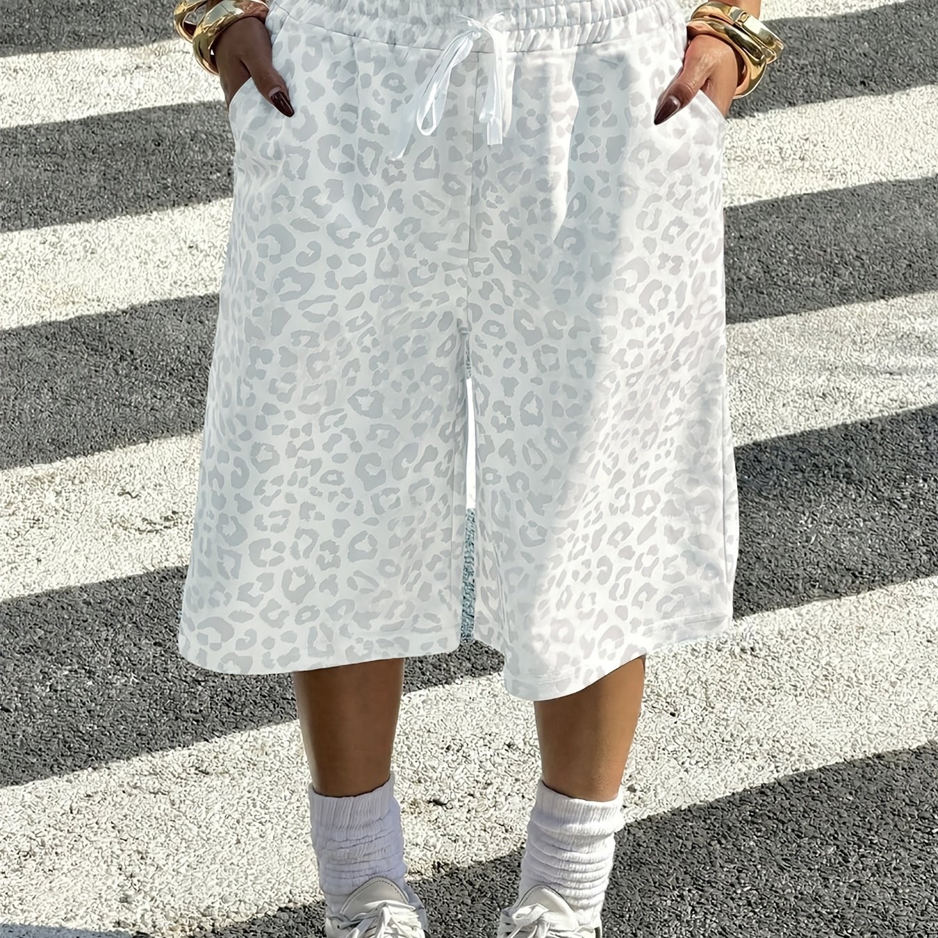 Image of Women's New Arrival 7/8 Length Pants, Leopard Print, With Pockets, Loose Fit, Breathable Fabric, With Elastic Waistband And Drawstring, Shorts Pants