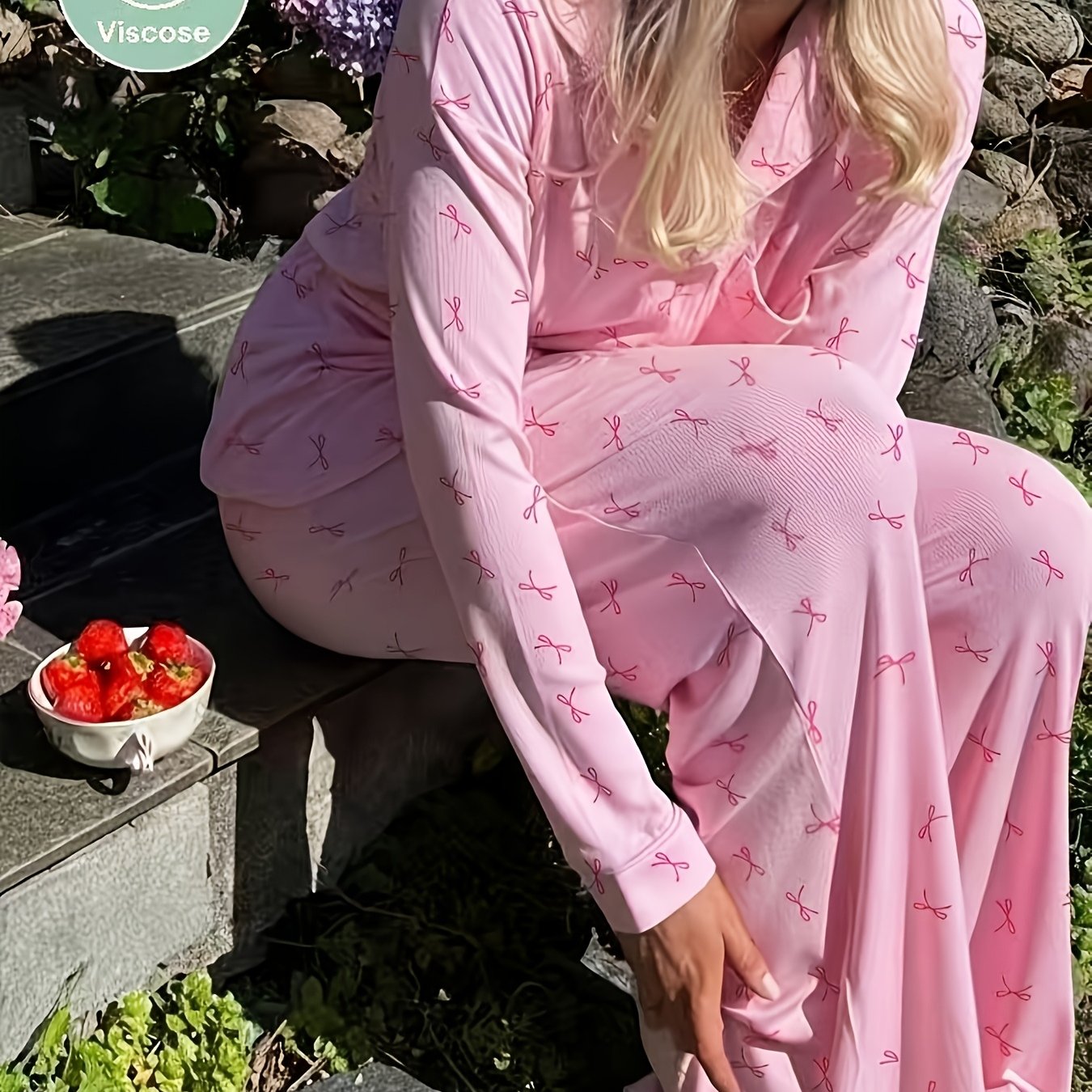 Image of Women's Pajama Set, Pink Sleepwear, Bow Detail Pajamas, Long Sleeve And Pants , Party Pajamas, Fashionable Loungewear