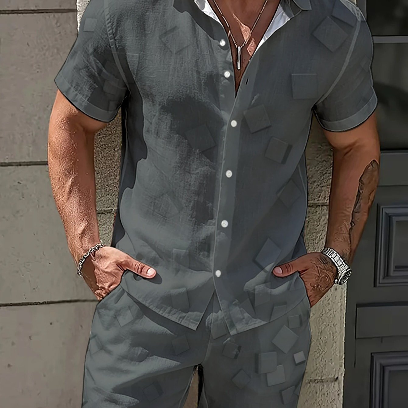 TEMU Casual Gray Men's Short Sleeve Shirt And Shorts Set For Outdoor Activities, Lightweight And , Ideal For Beach, Poolside, Or Daily Wear,