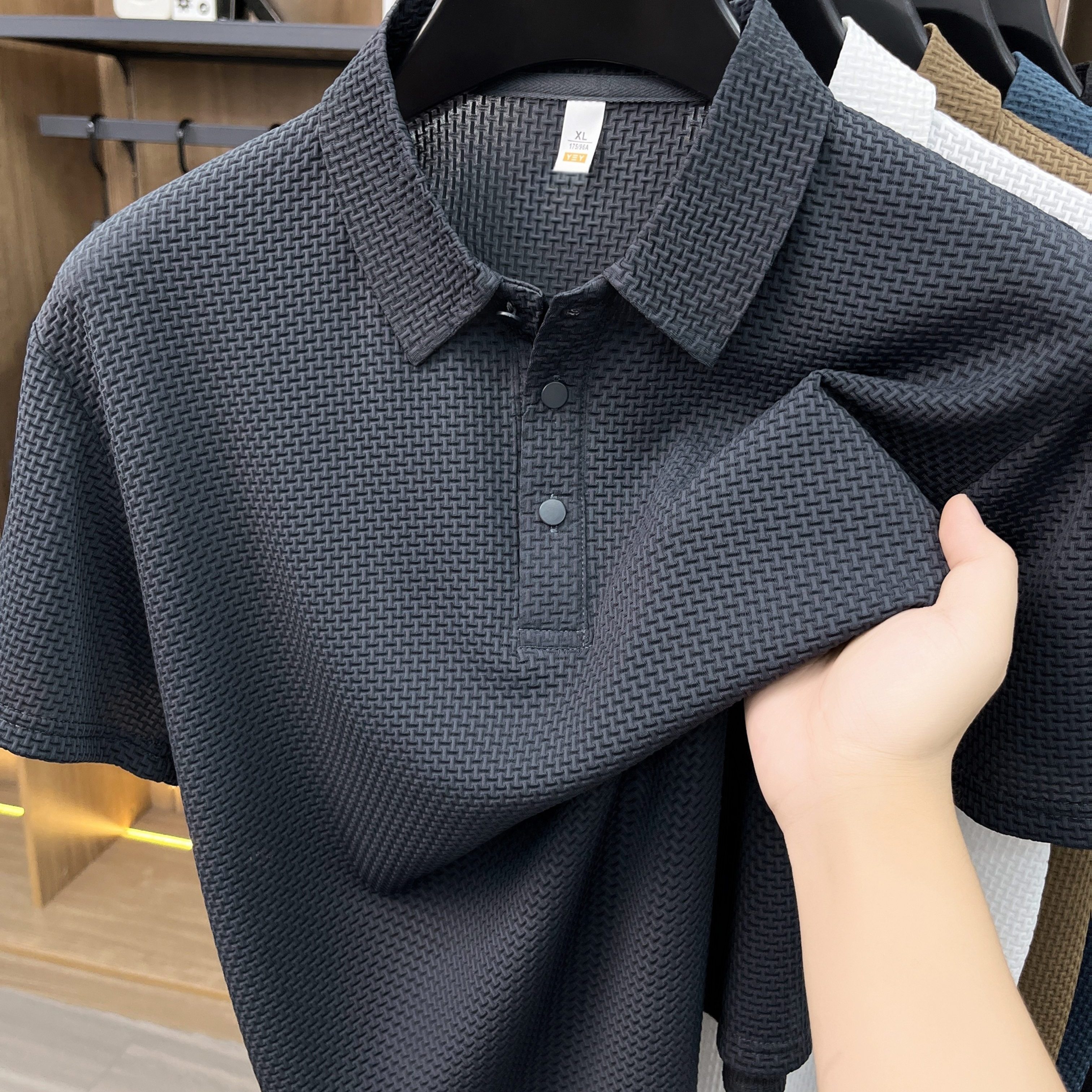 TEMU Men's Cooling Effect Shirt, 3d Waffle Texture, Honeycomb Mesh Pattern, Textured Knit Feel, Air Layer Bubble Fabric, Nylon Spandex Blend, , Solid