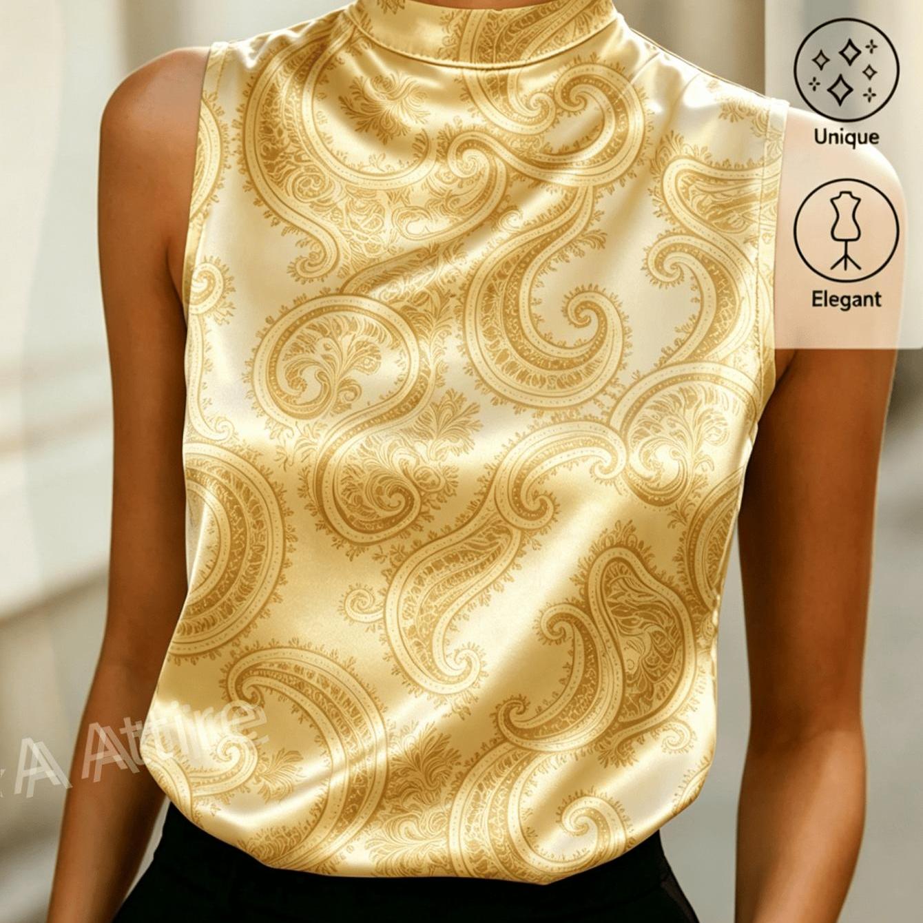 Image of Women's Dark Green Paisley Swirl Jacquard Satin Vest - Sleeveless Collar Top Suitable For Weddings, Casual Attire & Commuting, Machine Washable Elegant Stand Collar Shirt For Dates Or Office Outfits