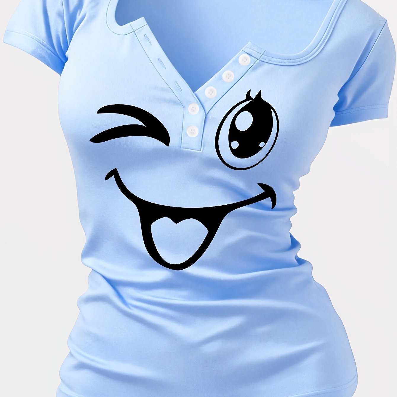 TEMU Artistic Pattern, Women's Hot And Trendy Outfit With Sexy Button Design, Non-v-neck Ladies' T-shirt, Suitable For : Spring, Summer, Autumn, And