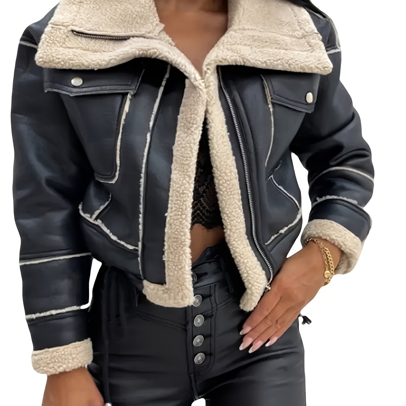 1pc Women&#39;S Faux Shearling Casual Jacket, Polyester 100% Biker Style with Lapel Collar, Drawstring Hem, Long Sleeve, Zip-Up Outwear for Fall/Winter - Solid Color
