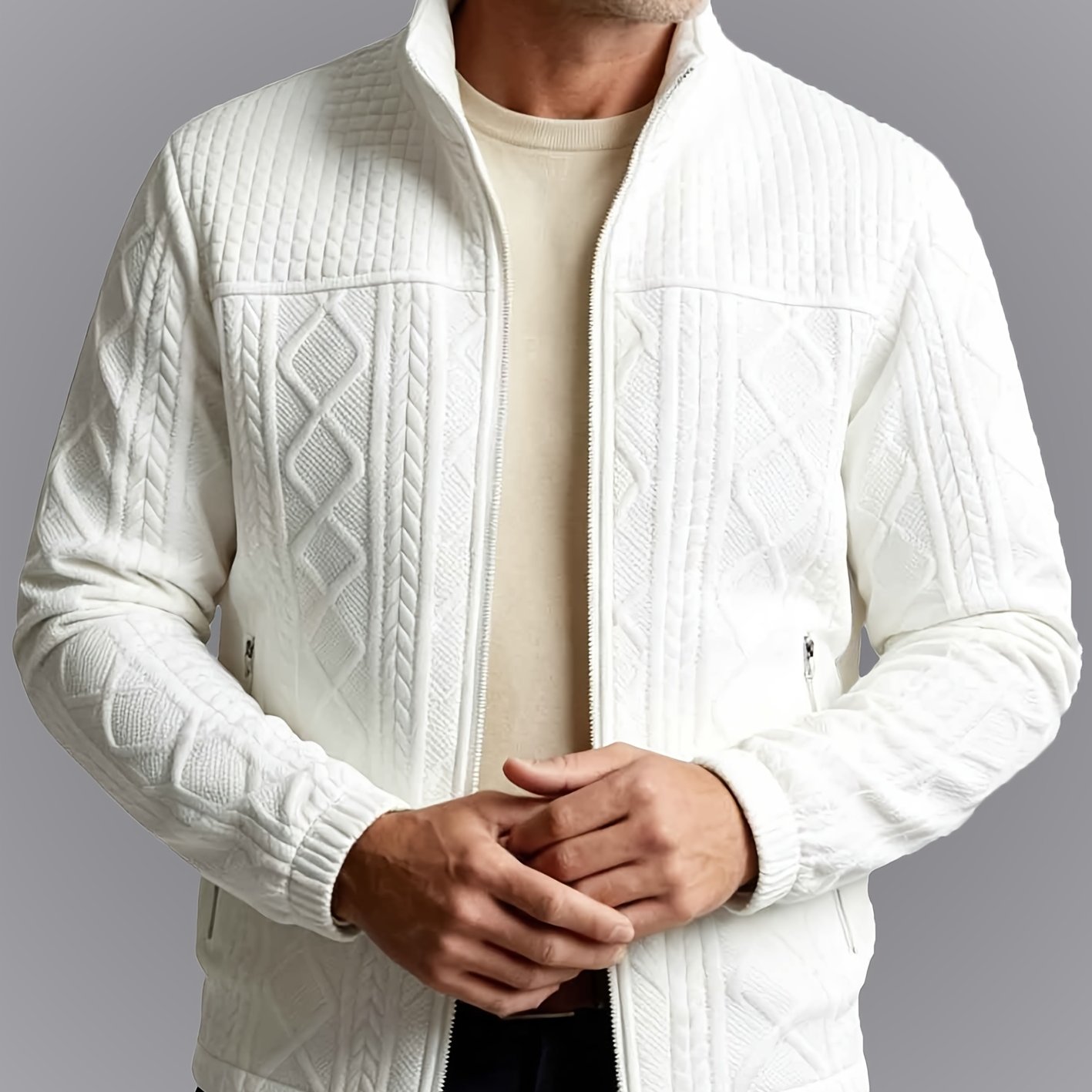 TEMU Men's American-style Trendy Versatile Lightweight Jacket, Solid Color Collar Zip-up Knit Jacket With White Rhombus Texture Design, Suitable For