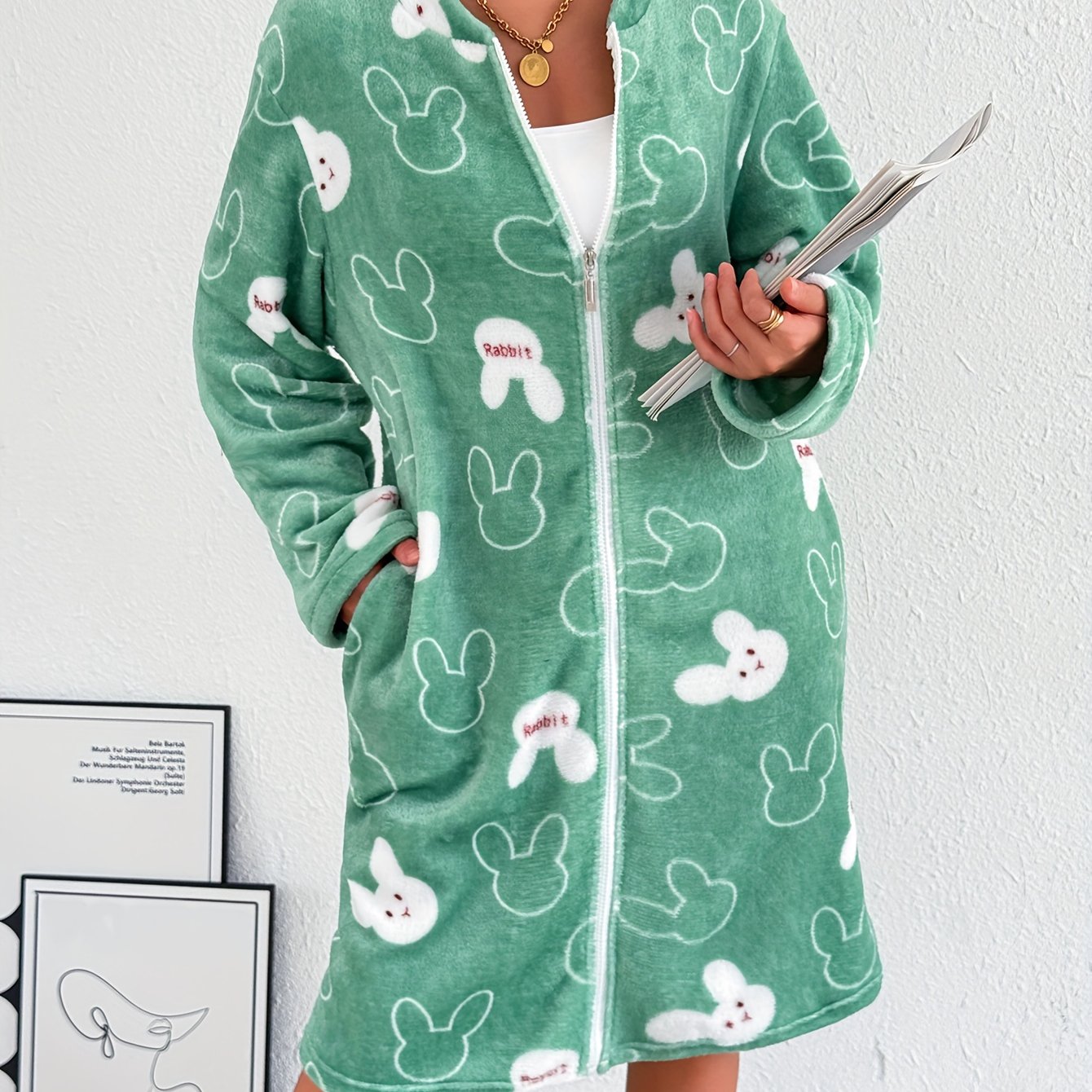 Autumn/winter Thickened Zippered Flannel Robe, Casual Comfortable Long Sleeve Women's Nightgown With Pockets