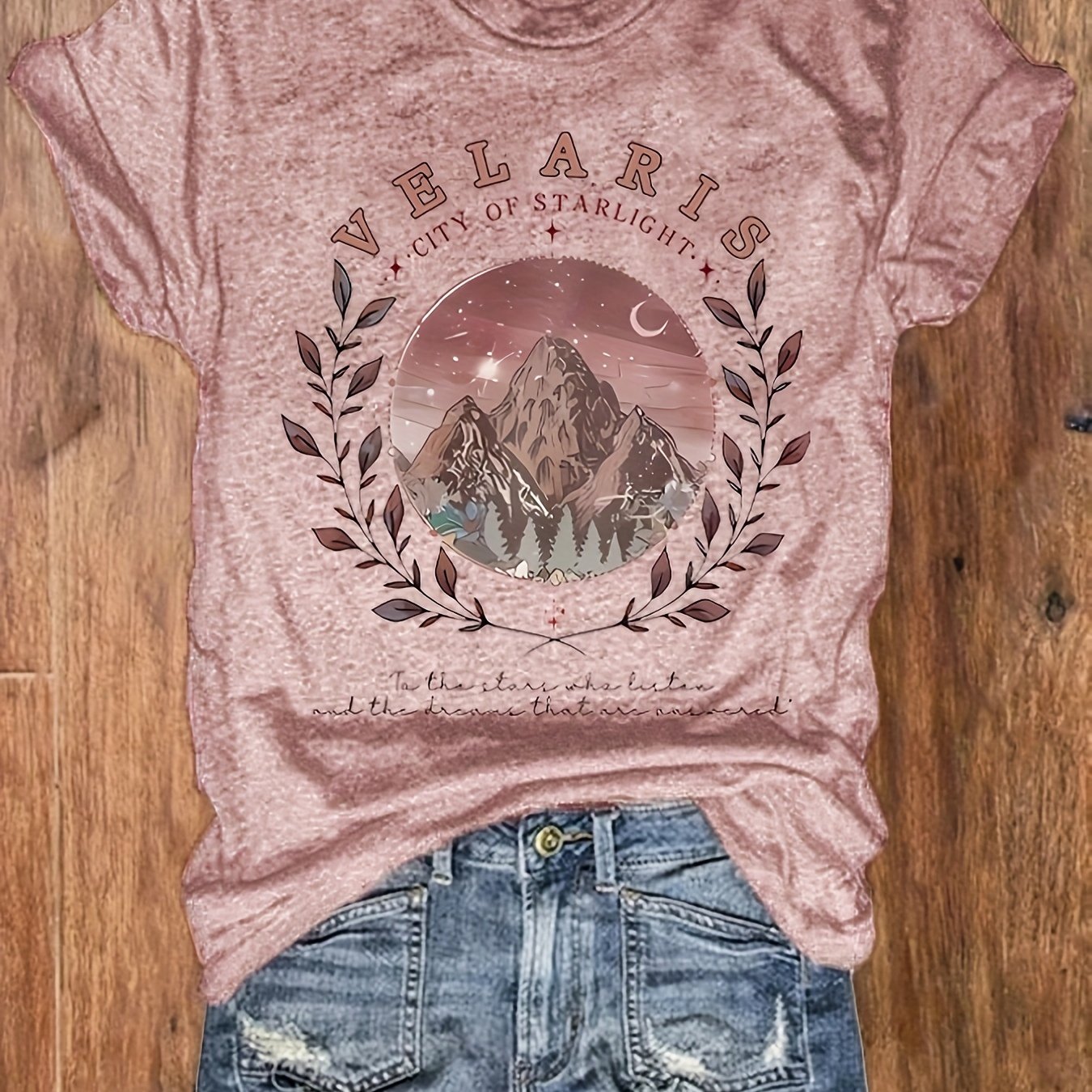 Image of Mountain & Slogan Printed Round Neck T-shirt, Casual Vacation Women's Short-sleeve Top, Ladies' Apparel