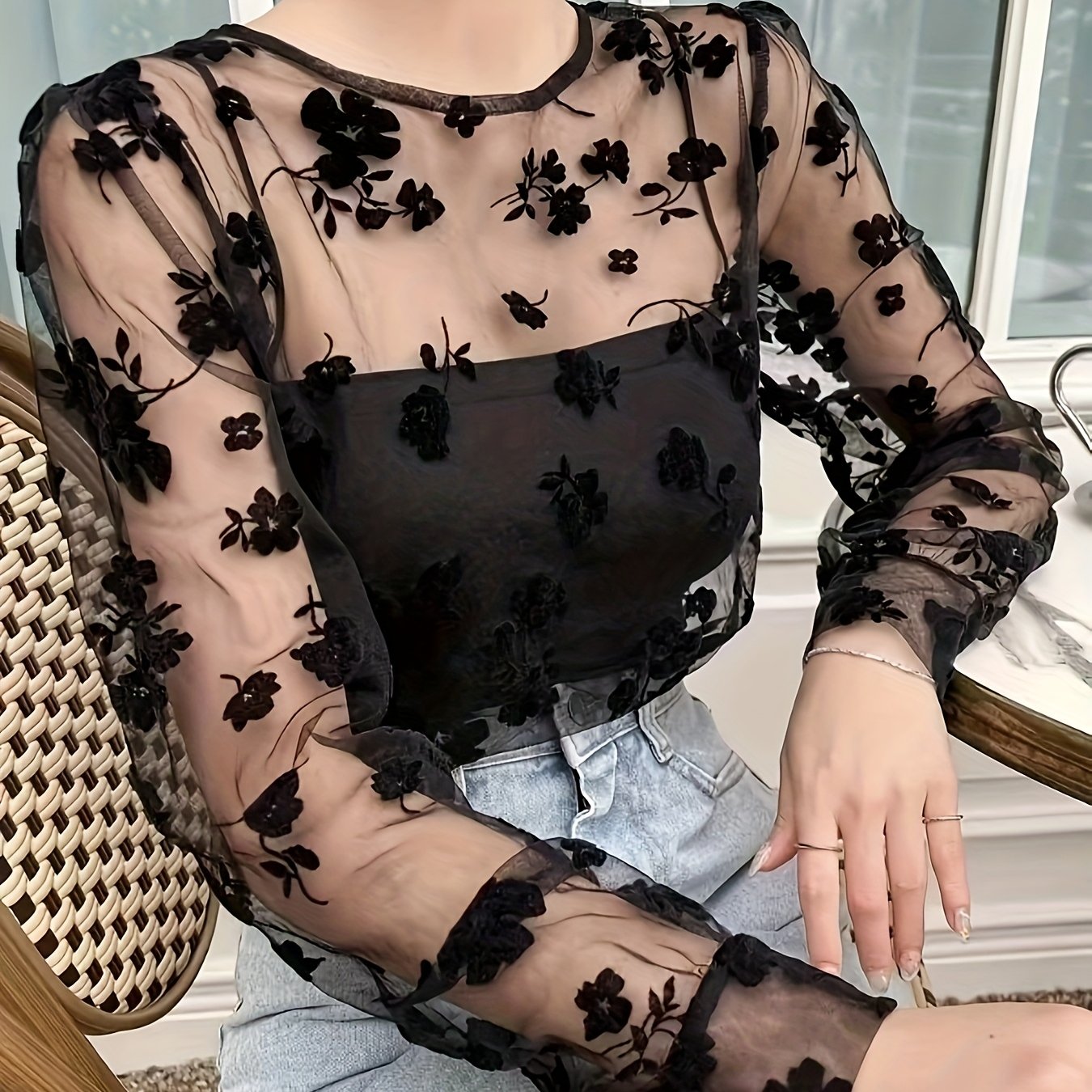 TEMU Elegant Specialty Casual Women's Long-sleeve Top With Mesh Flocking