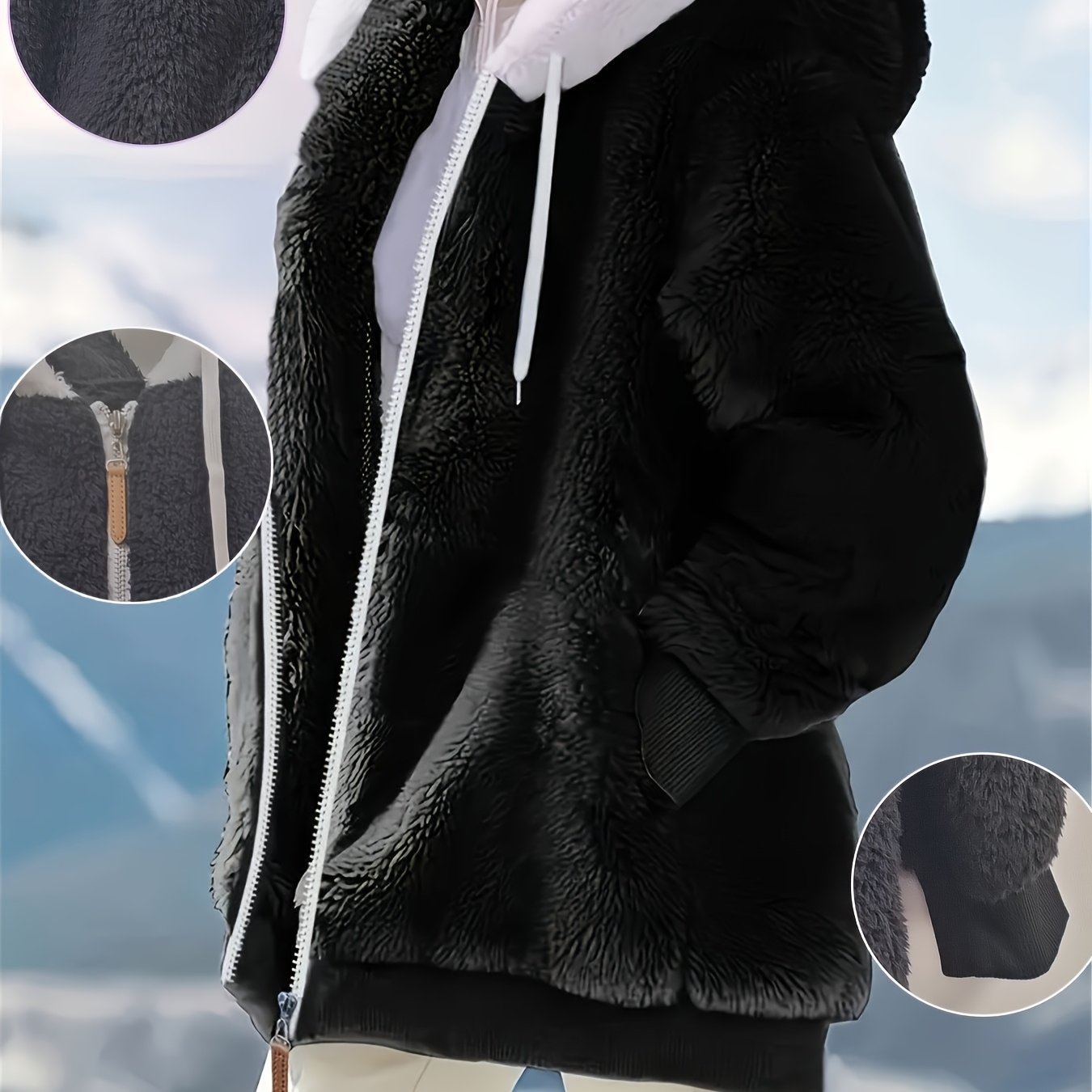 TEMU Women's Autumn/ Black Solid Color Hooded Zipper Elegant Novelty Jacket