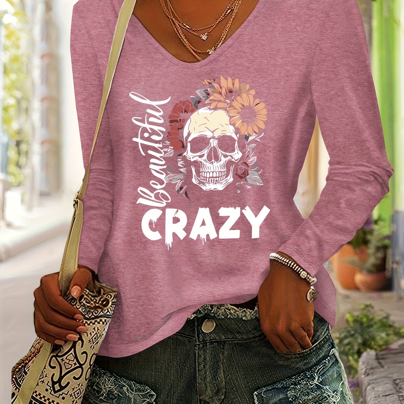 TEMU Damen Herbst- und Winteroberteil mit floraler Totenkopfmuster-Print, für lässige und stylische Alltagskleidung, mit V-Ausschnitt und langen