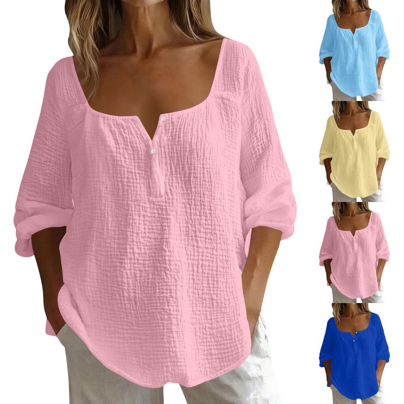 Soft Breathable Minimalist Wrinkle Women's Fashion Casual T-shirt, Solid Color Long-sleeve Square Neck Button-up Collar Classic Loose Pullover Tops Suitable For Work Vacation