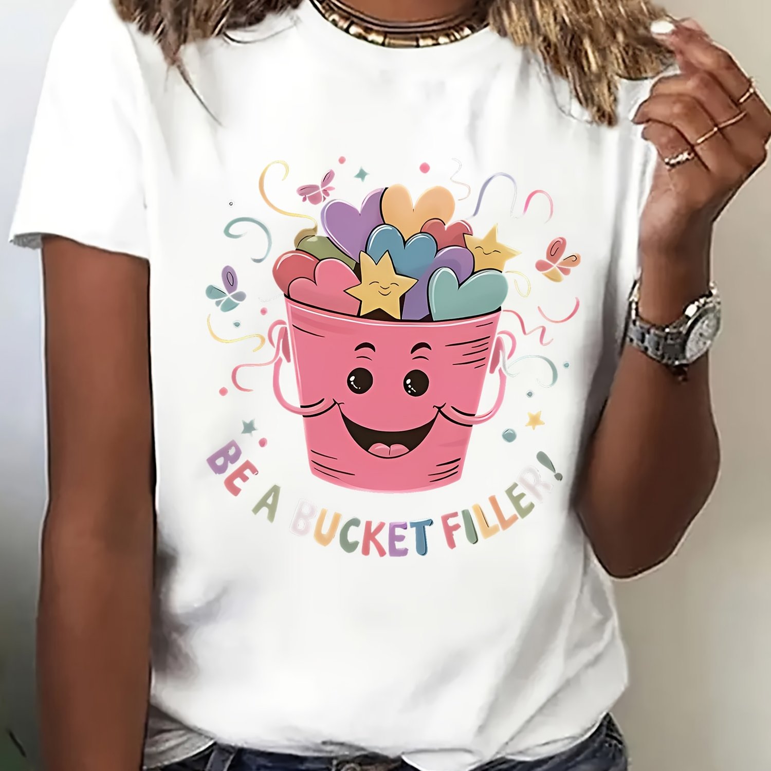 TEMU Creative Casual And Fun Women's Short-sleeved T-shirt - Beautiful Heart And Star Patterns, Skin-friendly Material, Comfortable And Breathable,