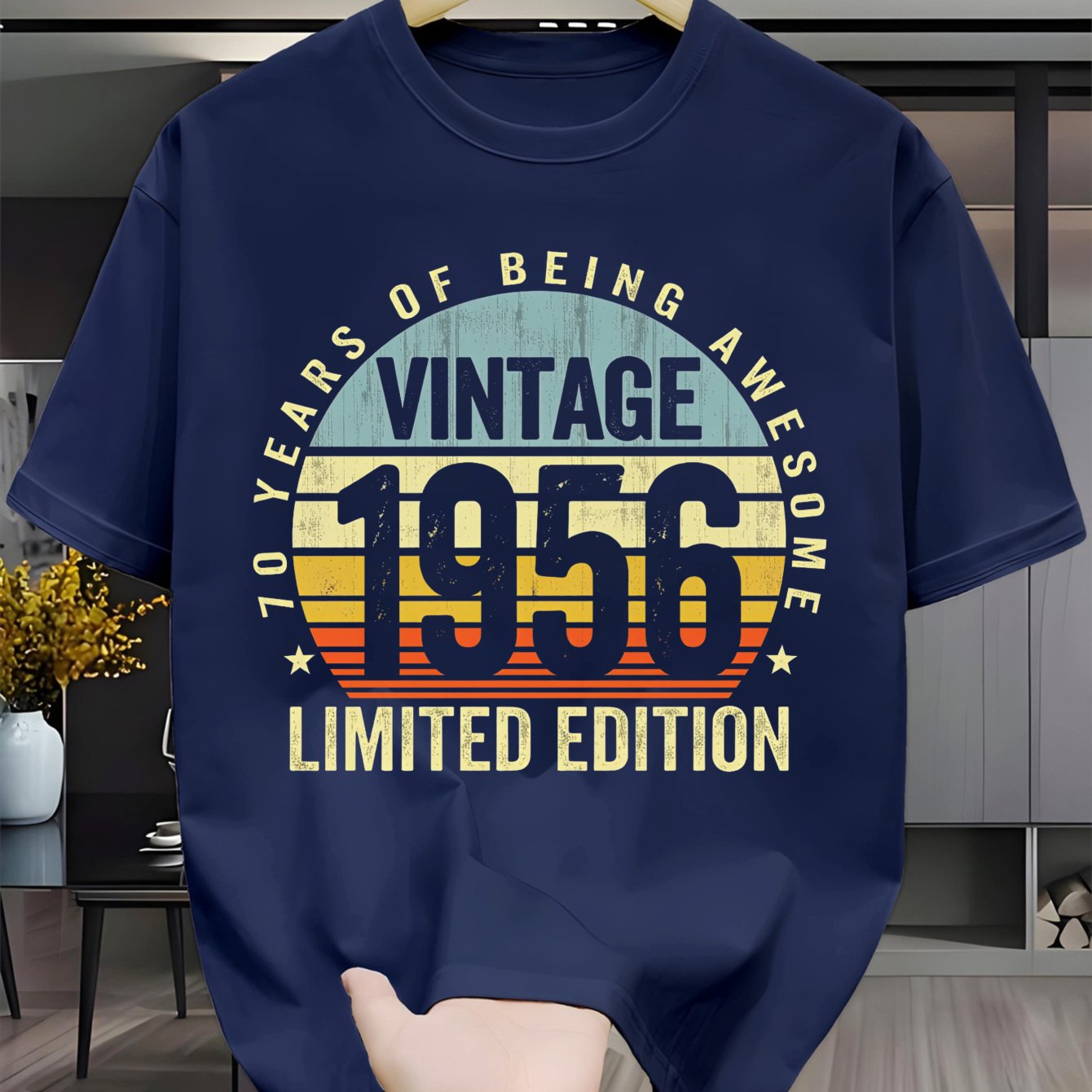 TEMU Camiseta de Aniversario 70º para Hombres Nacidos en 1956 - Estilo Slim-Fit Manga Corta Cuello Tallas S-3XL - Regalo de o Aniversario para Padre,