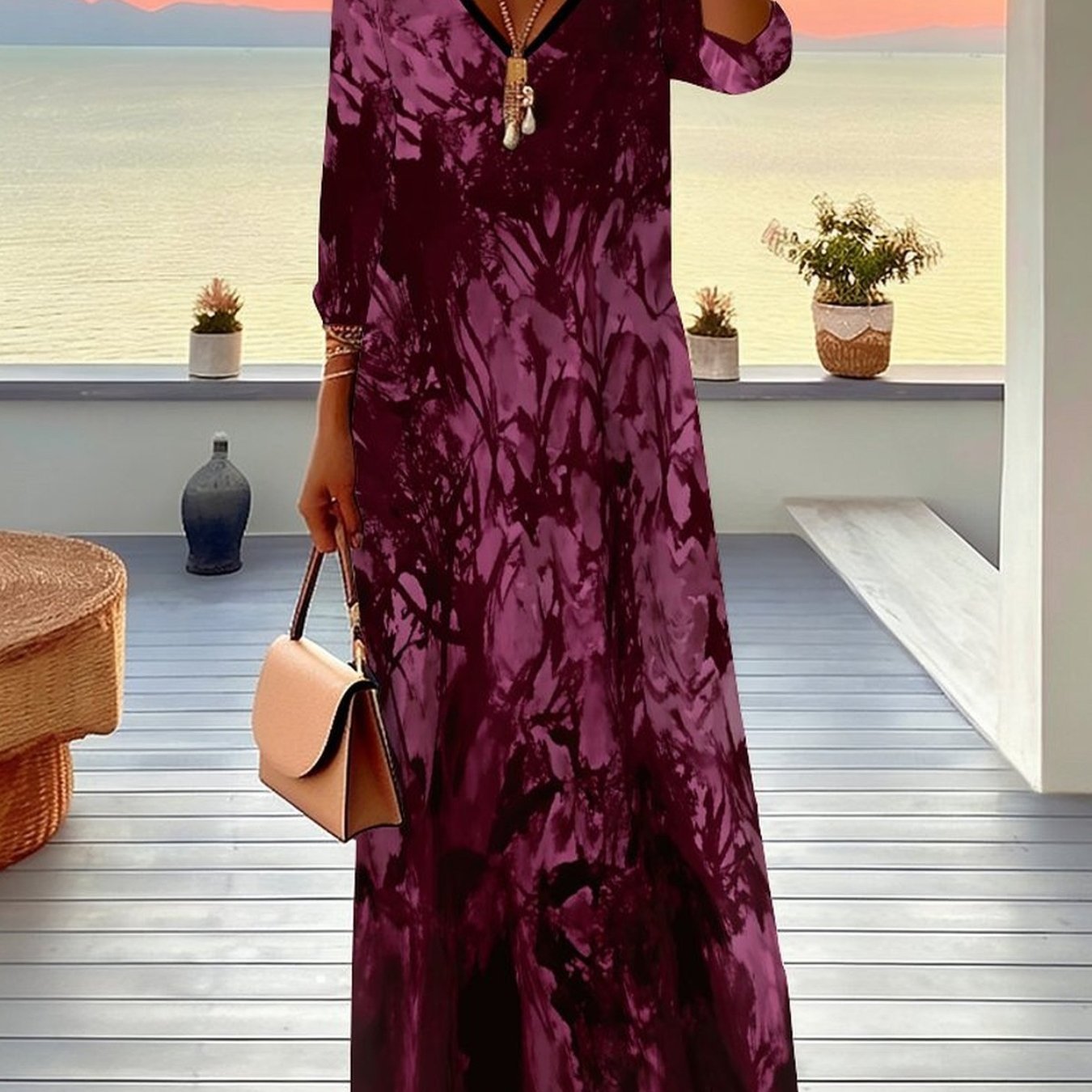 Plus Size - Women's Dress, Women's Plus Size Dress, Tie-dye Style, Full Body Print, Party Occasion, Casual Vacation, Elegant Women's Fashion, V-neck, Mid-length Sleeve Jumpsuit, Long Skirt