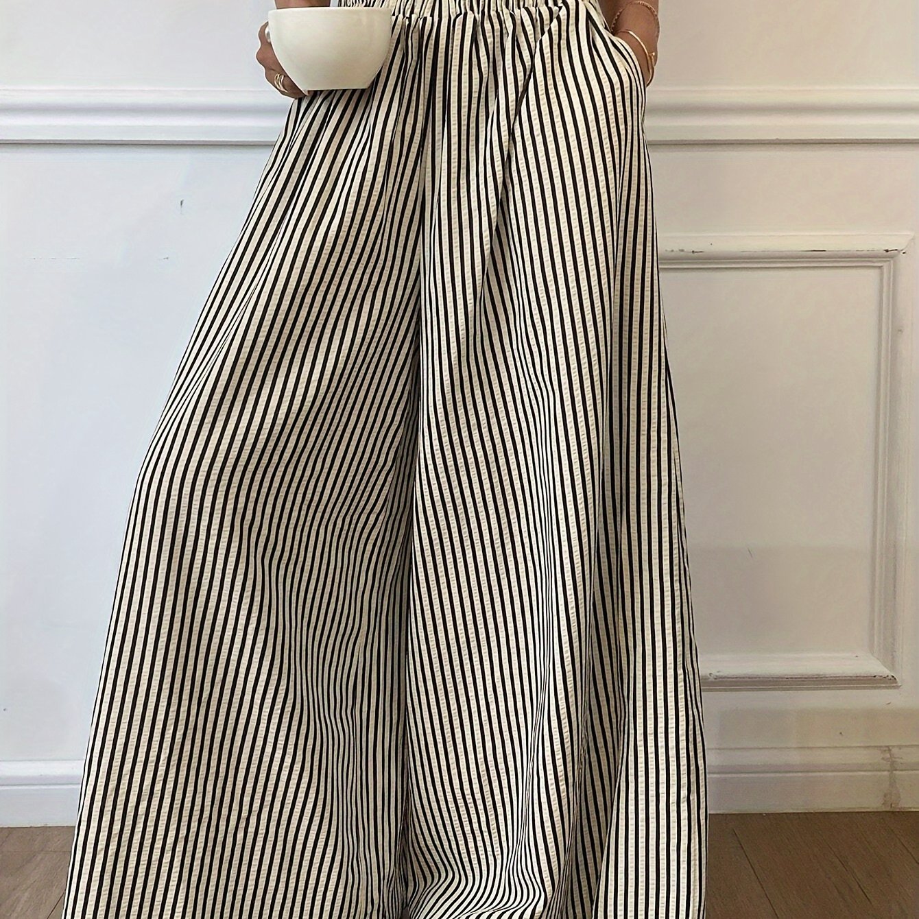 TEMU Casual Women's Striped Wide-leg Trousers Made Of, Featuring An Elastic Waistband, Machine Washable Fabric, Vertical Stripes, And Suitable For