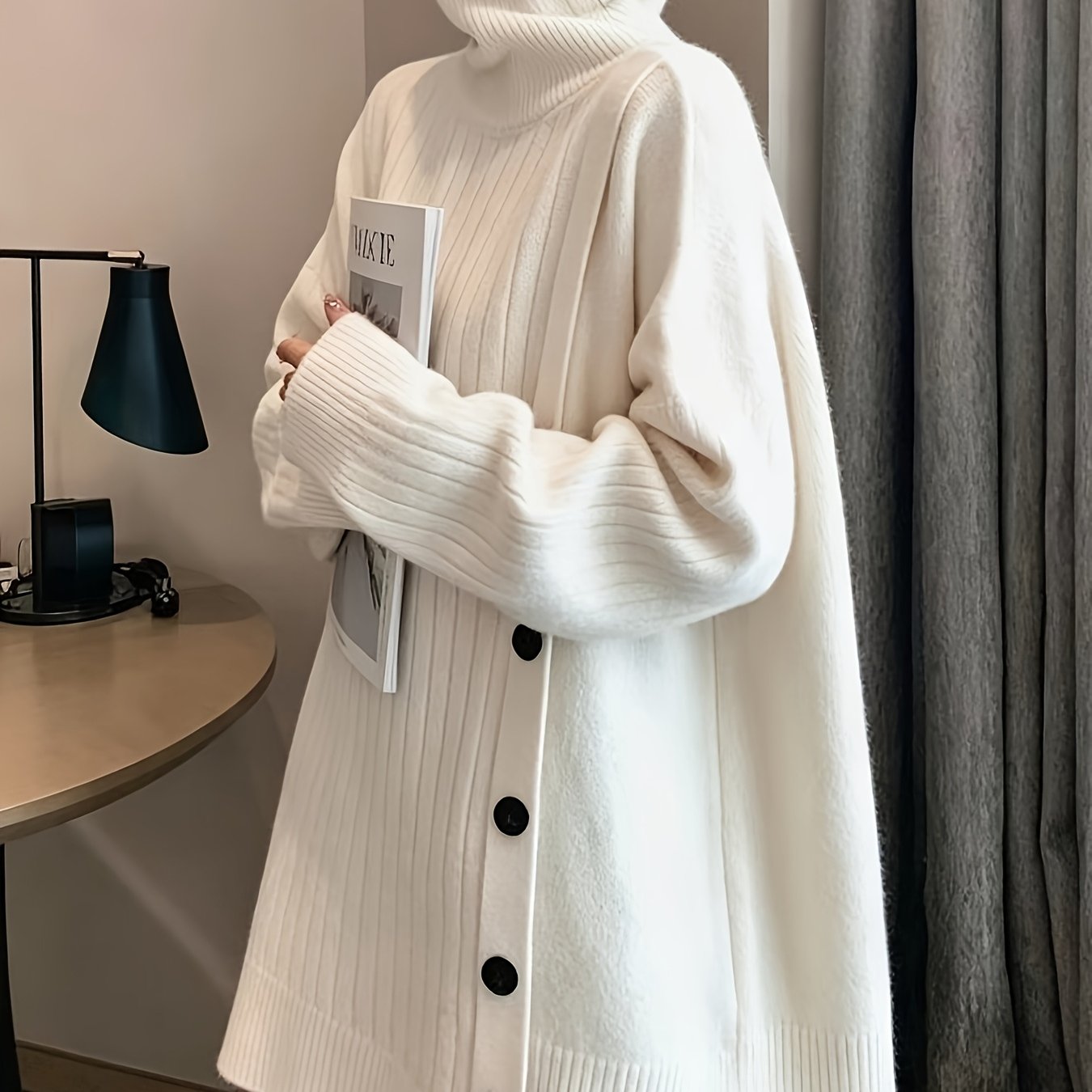 TEMU Women's Oversized High-neck Sweater, Side Button-detail Hem Long Sleeve Loose Dress, Casual Comfortable Autumn Winter Daily Wear. High-neck Long