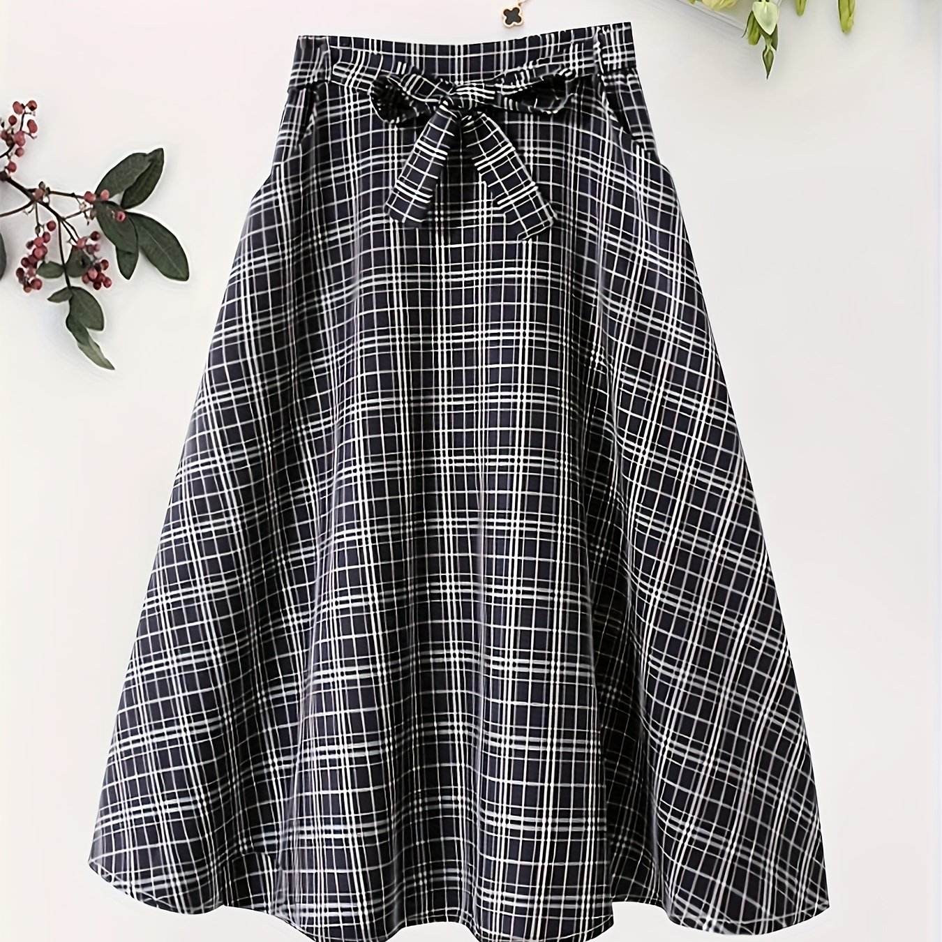 Plaid Print Belted Flared Skirt Elegant Skirt Spring Summer - Temu Canada
