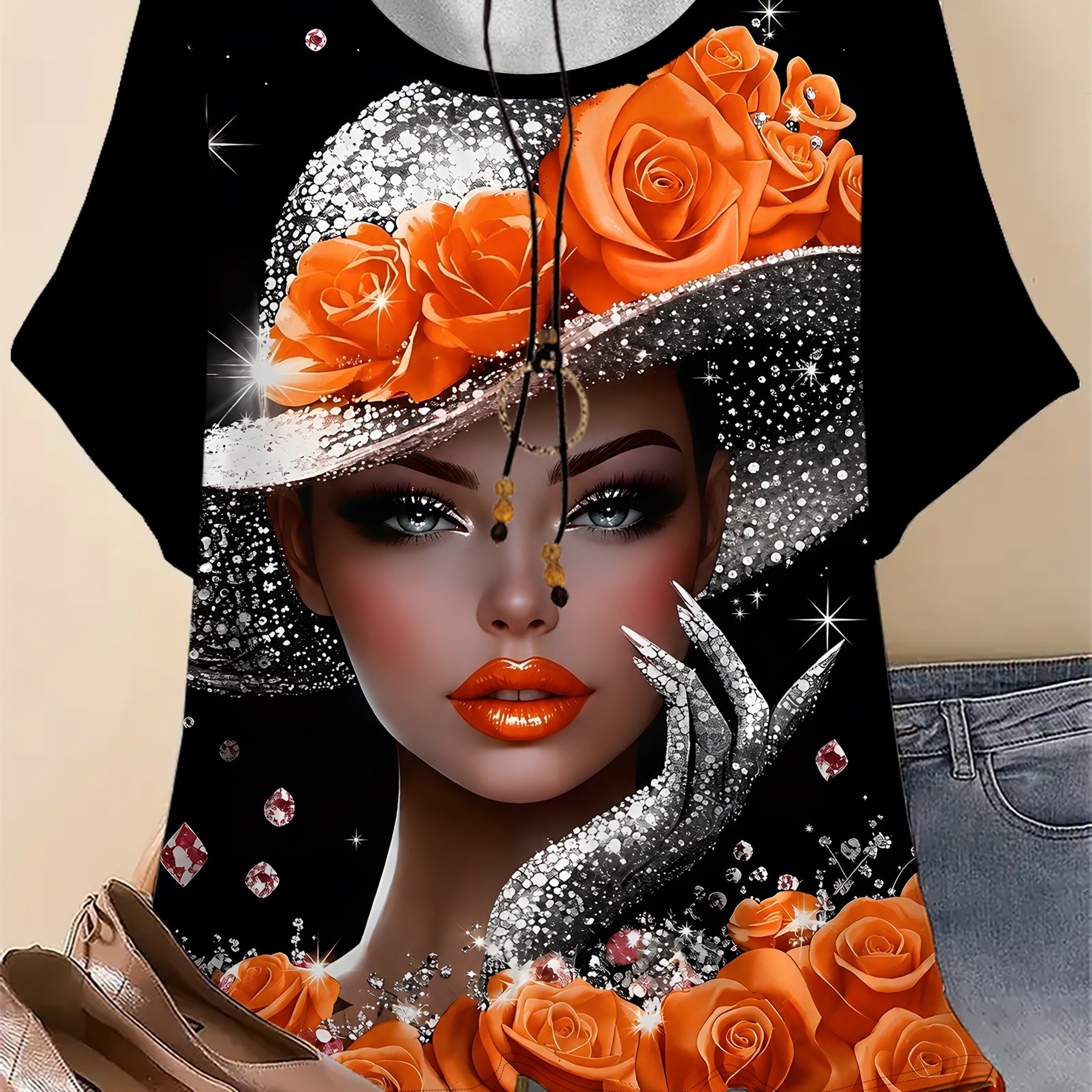 TEMU Plus Size - Plus Size - Plus Size - Plus Size - Women's Elegant Hat-wearing Beauty Pattern Printed T-shirt - Casual Short Sleeve Round Neck Top,
