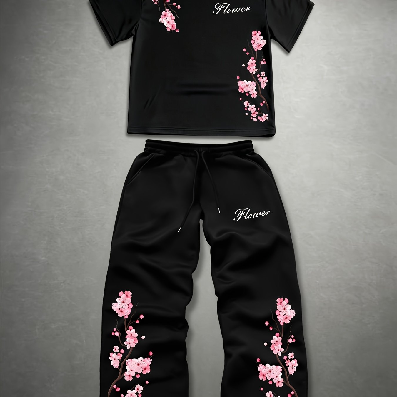 TEMU Men's Short Sleeve T-shirt And Pants Set, Printed Round Neck T-shirt   Versatile Solid Color Drawstring Loose-fit Casual Sports Pants,